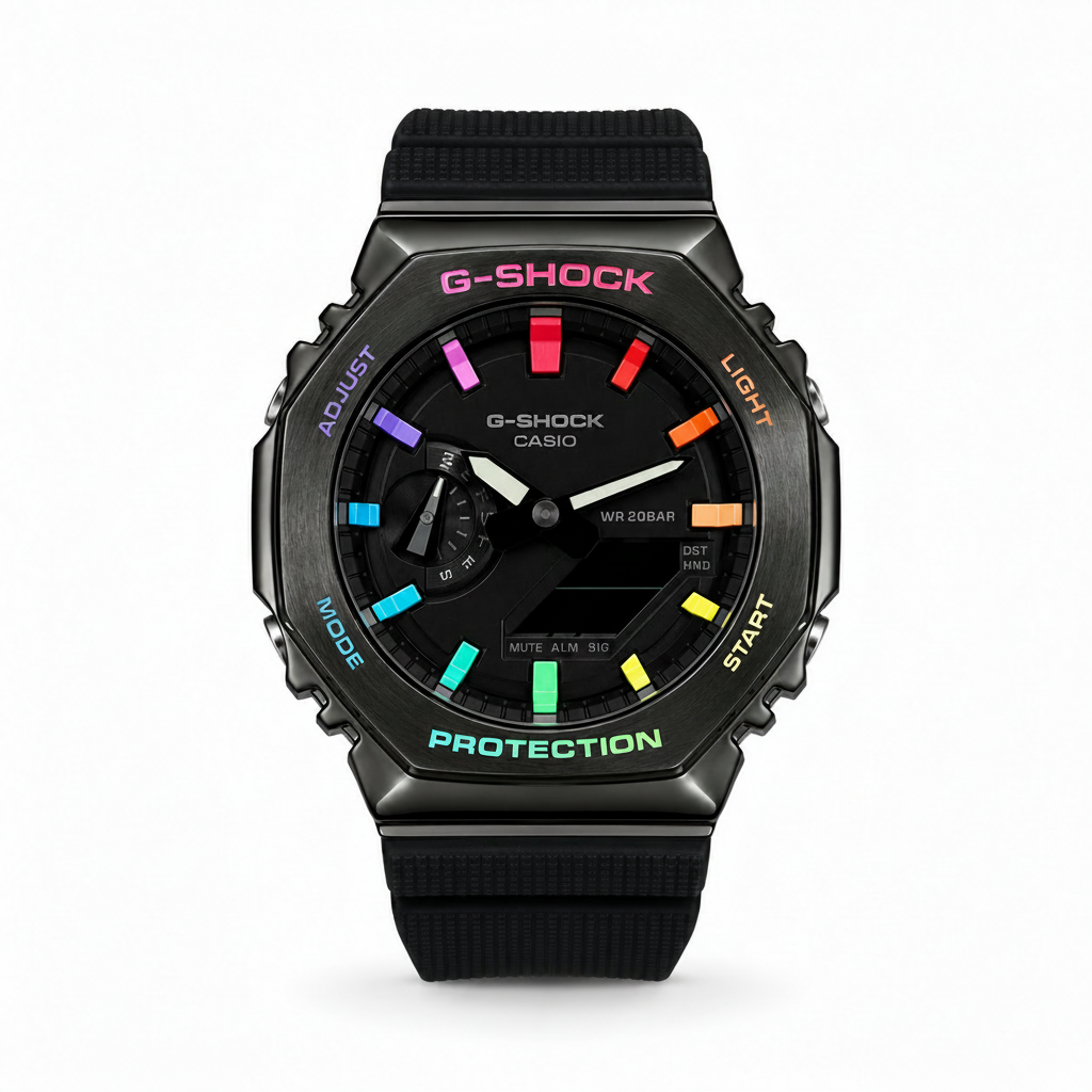 G-Shock Casio watch with colorful display on a white background