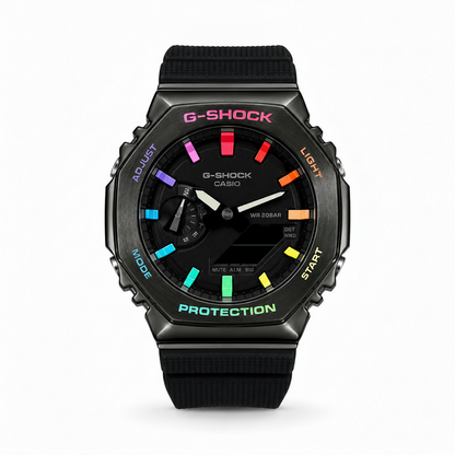 G-Shock Casio watch with colorful display on a white background