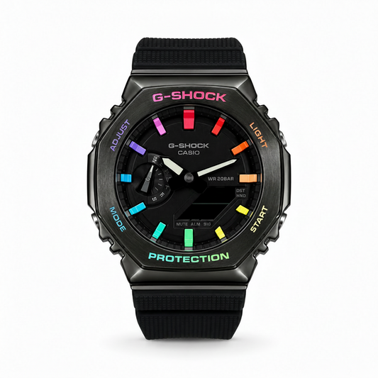 G-Shock Casio watch with colorful display on a white background