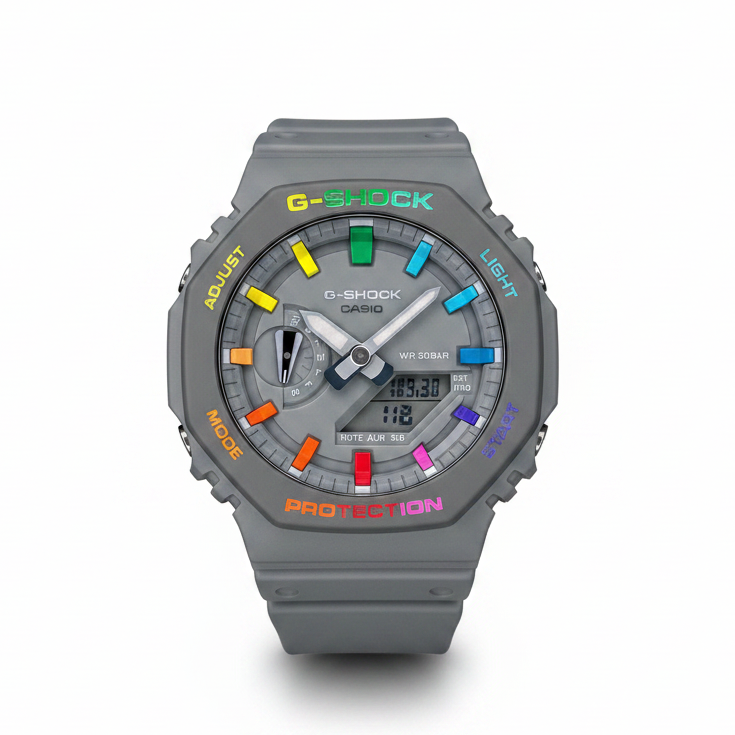 A hand-painted Casio G-Shock watch with colorful hour markers and text on the bezel, predominantly grey with rainbow-colored details.